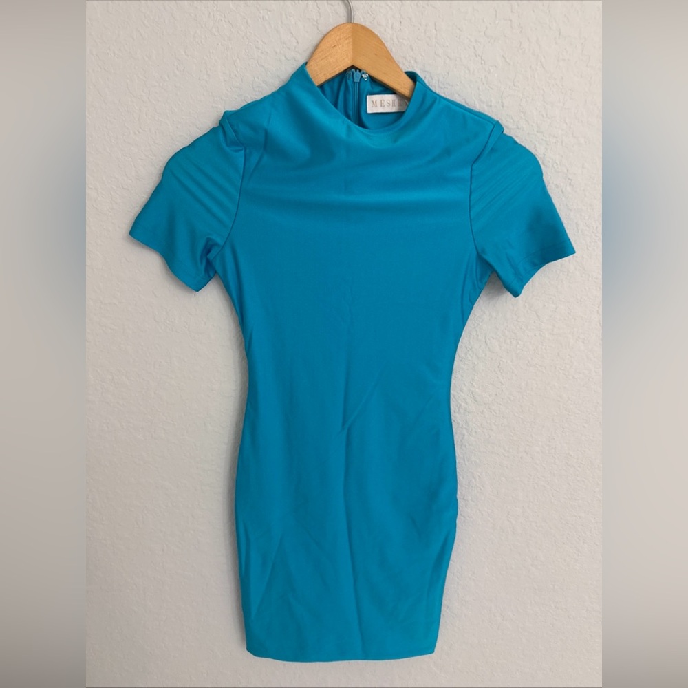 Meshki Mini Dress Short Sleeve Bodycon Party Cocktail Bright Blue Size S Stretch